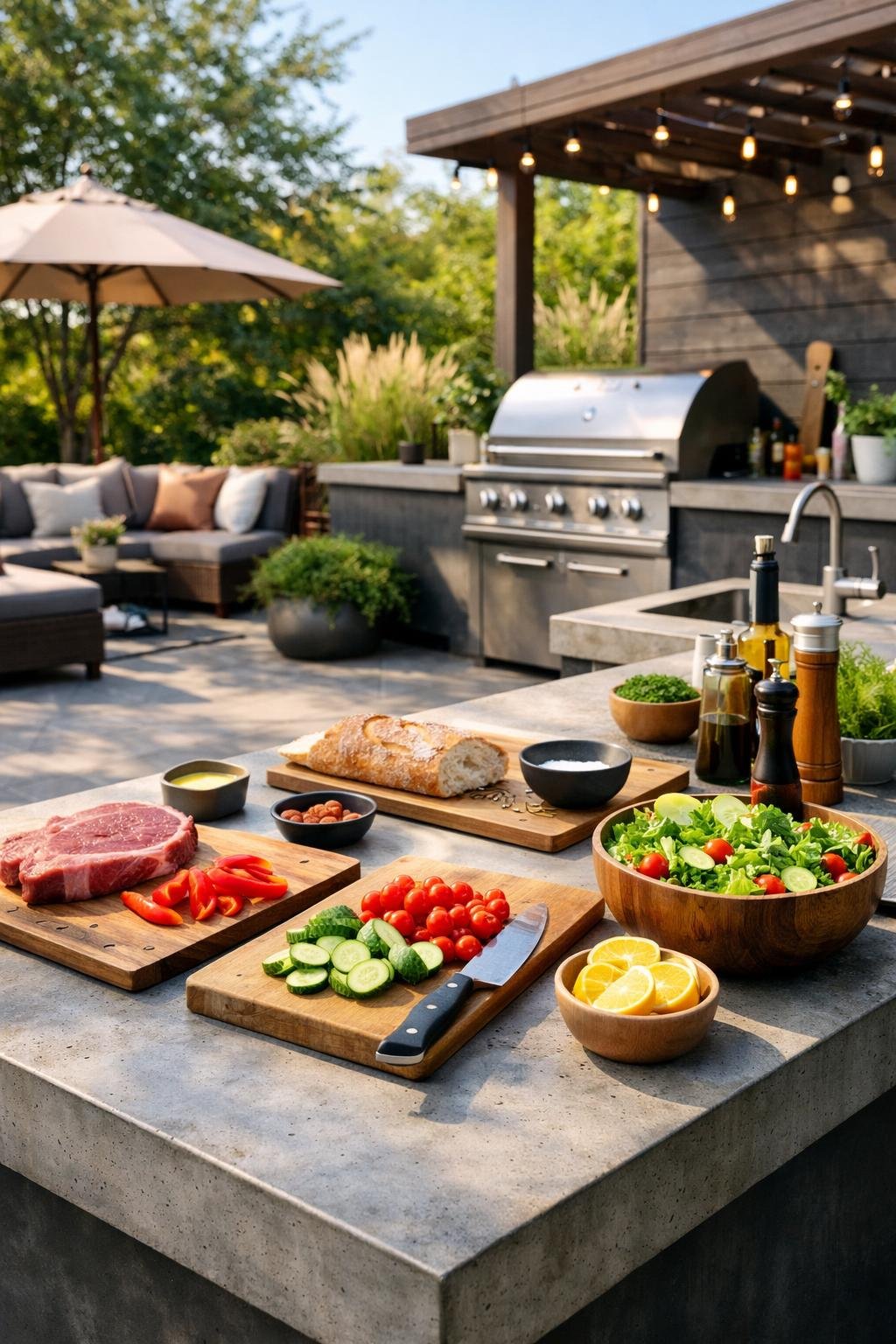 Outdoor patio with concrete countertops set up for meal preparation, surrounded by seating and greenery.