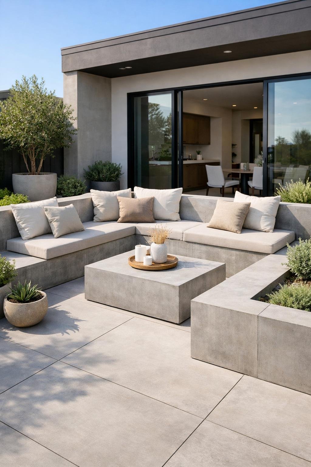 Outdoor patio with low concrete walls used as seating, surrounded by plants and a modern house in the background.