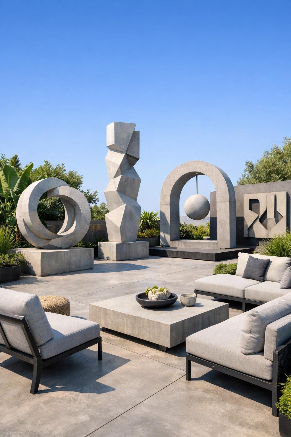 Outdoor patio with concrete art sculptures, modern seating, and plants under a clear sky.