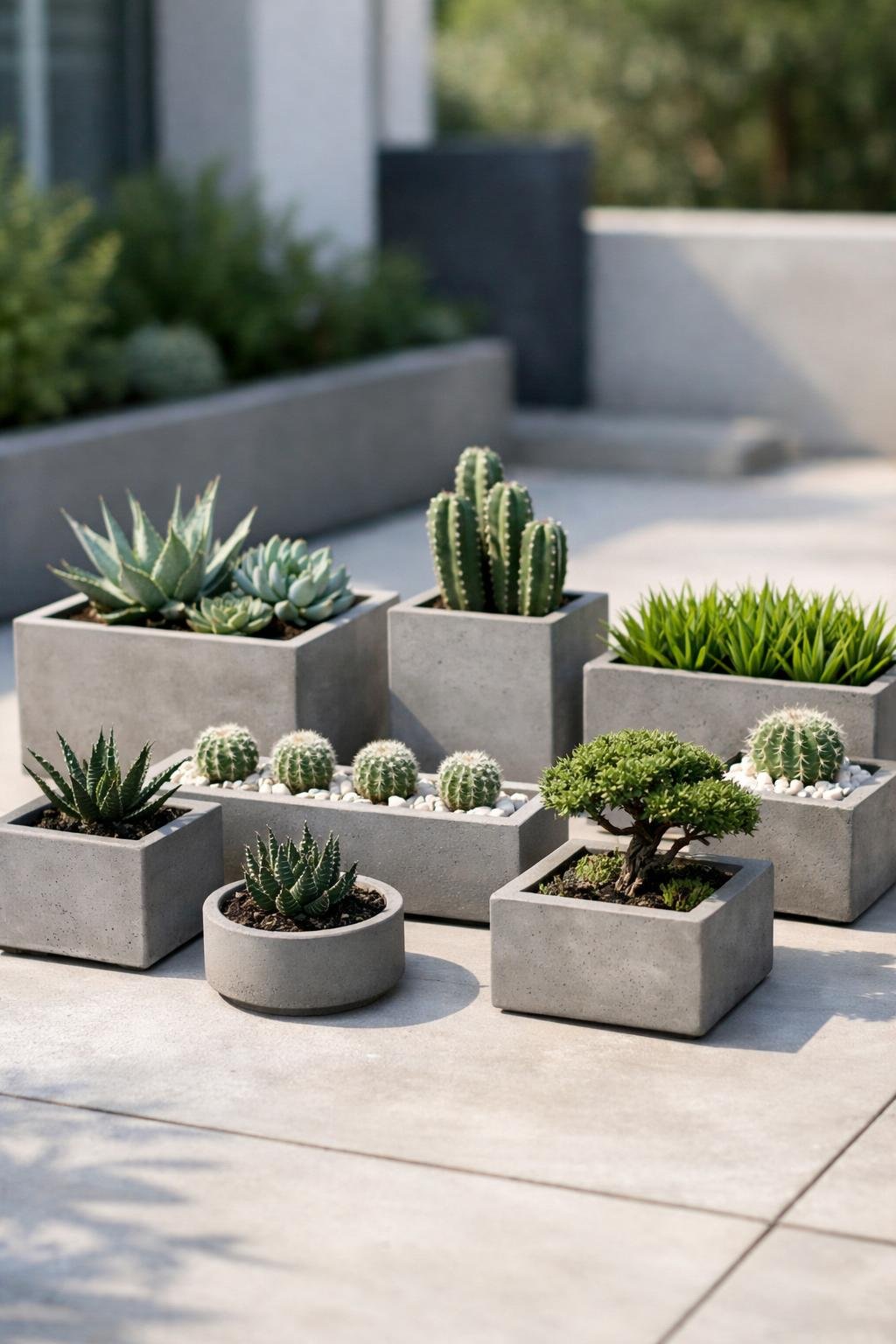 Small architectural plants in concrete planter boxes arranged on a modern outdoor patio.