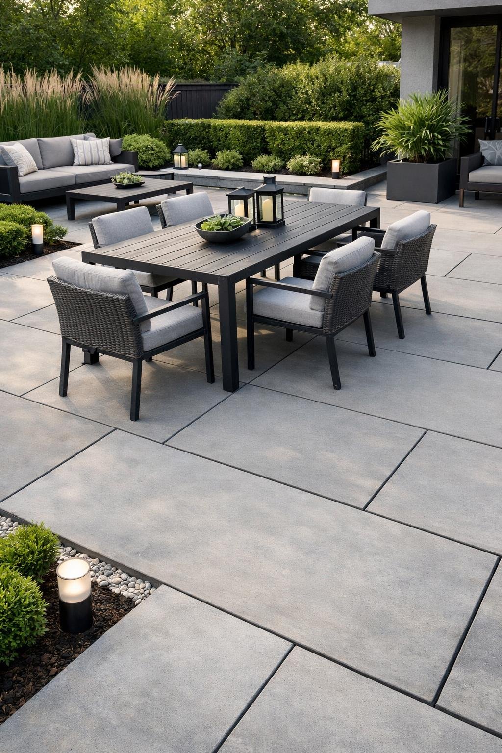 Outdoor patio with rectangular concrete slabs, outdoor furniture, and plants arranged for guests.