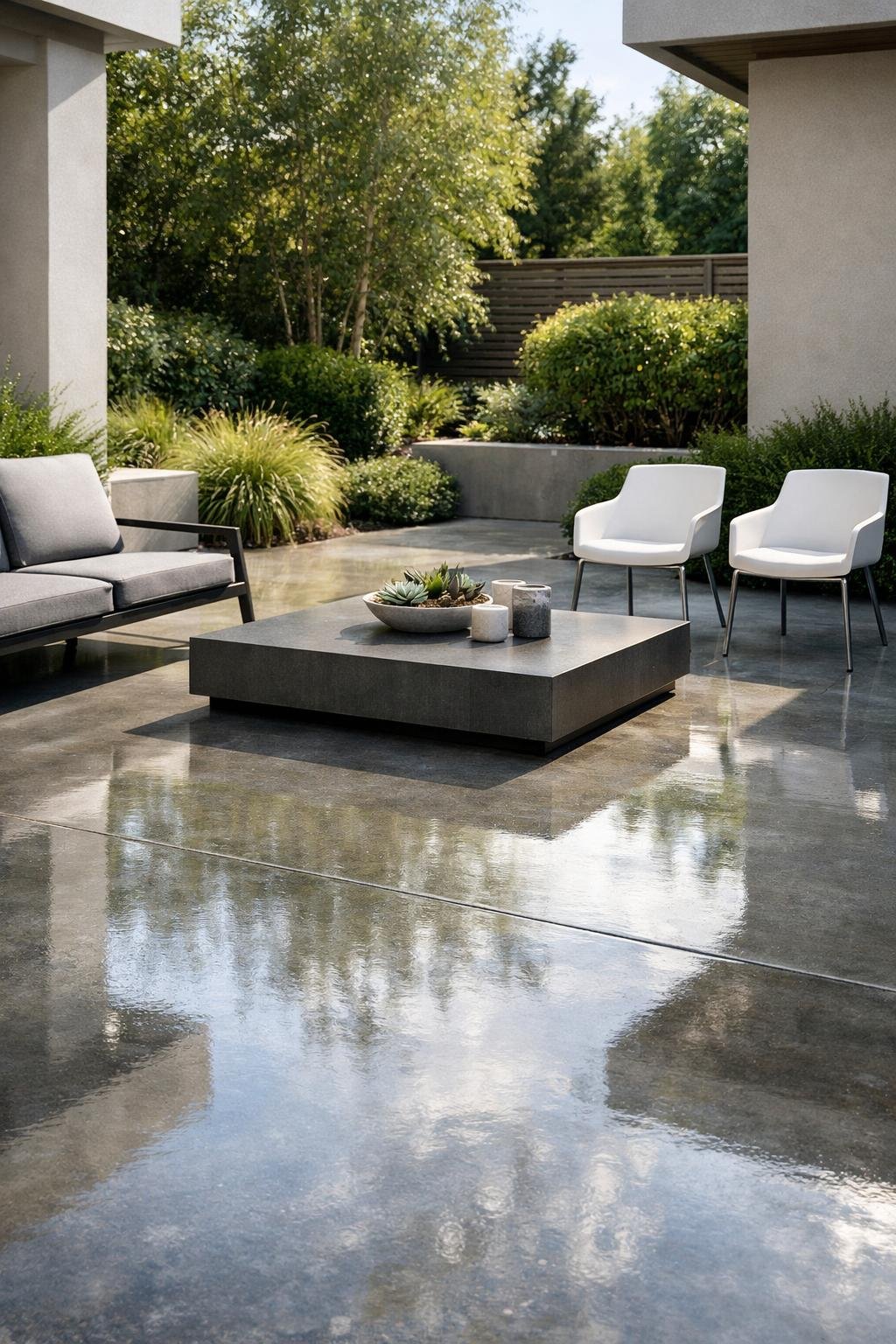 Outdoor patio with polished concrete floors, modern furniture, and surrounding greenery under natural light.