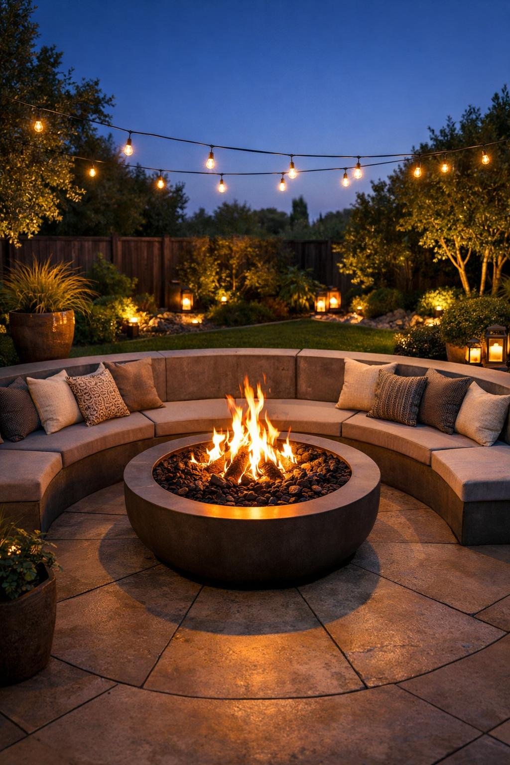 Outdoor patio with a lit fire pit surrounded by concrete seating and cushions, set in a backyard with plants and soft lighting.