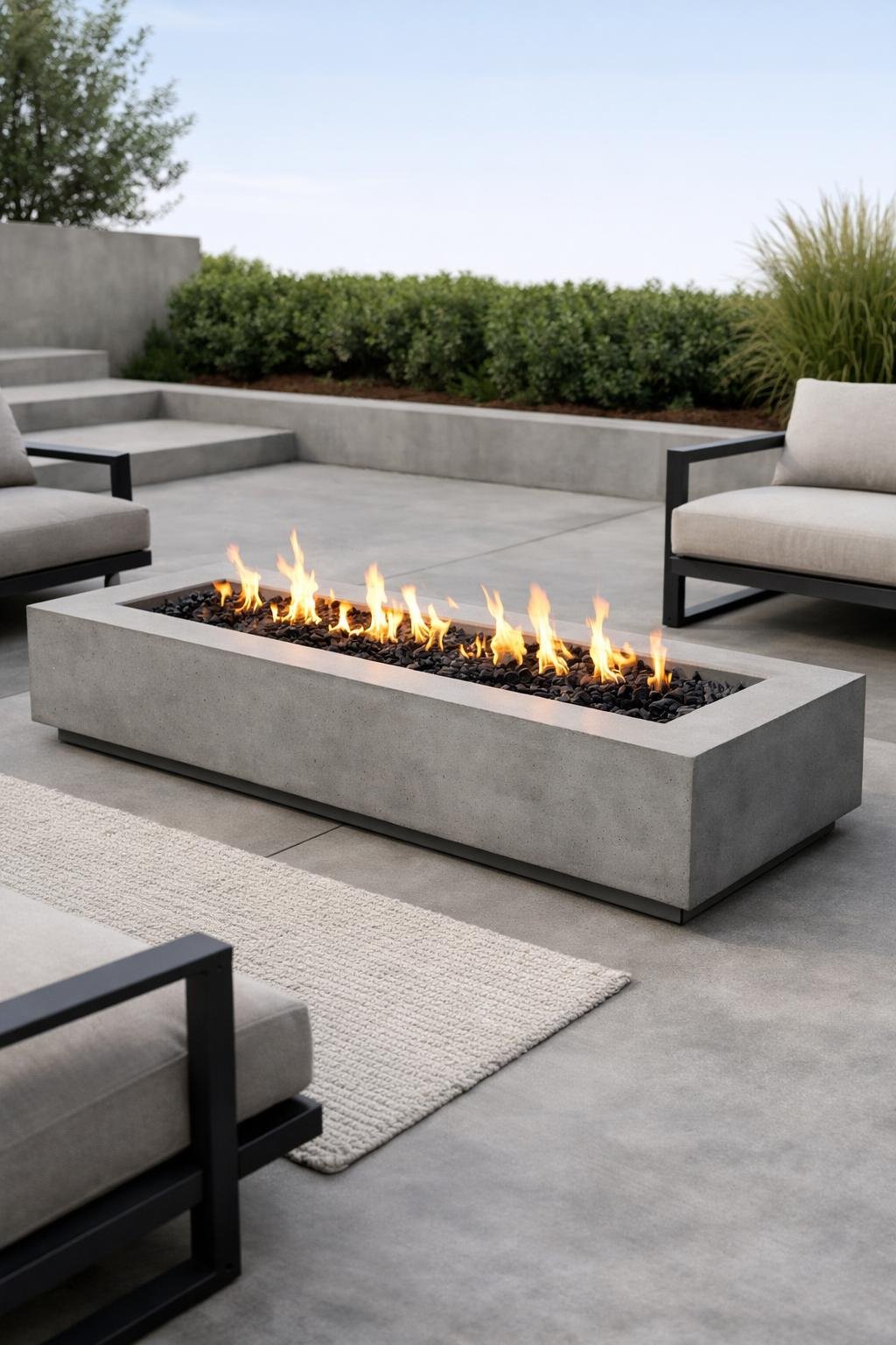 Outdoor concrete fire pit with straight edges on a patio surrounded by chairs and greenery.