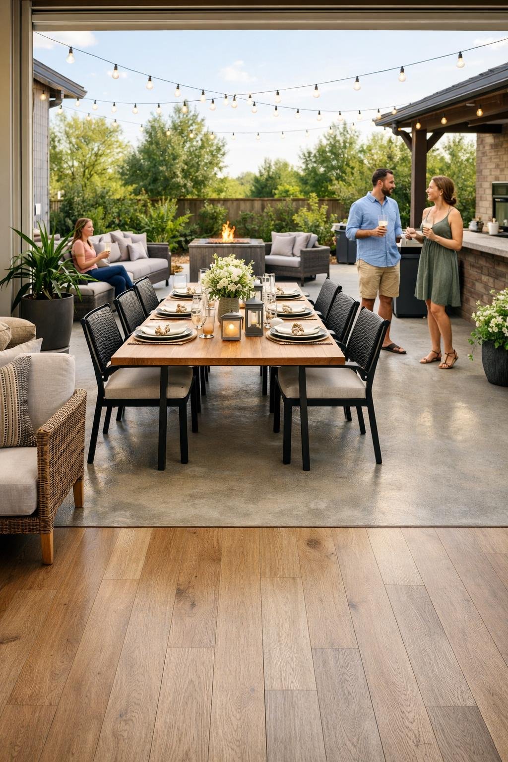Seamless connection between indoor floor and outdoor concrete patio with furniture and people enjoying a party.