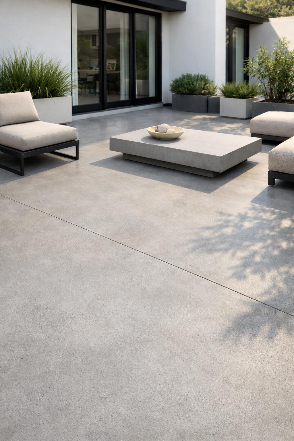 An outdoor patio with smooth matte concrete flooring, modern furniture, and potted plants near a contemporary house.