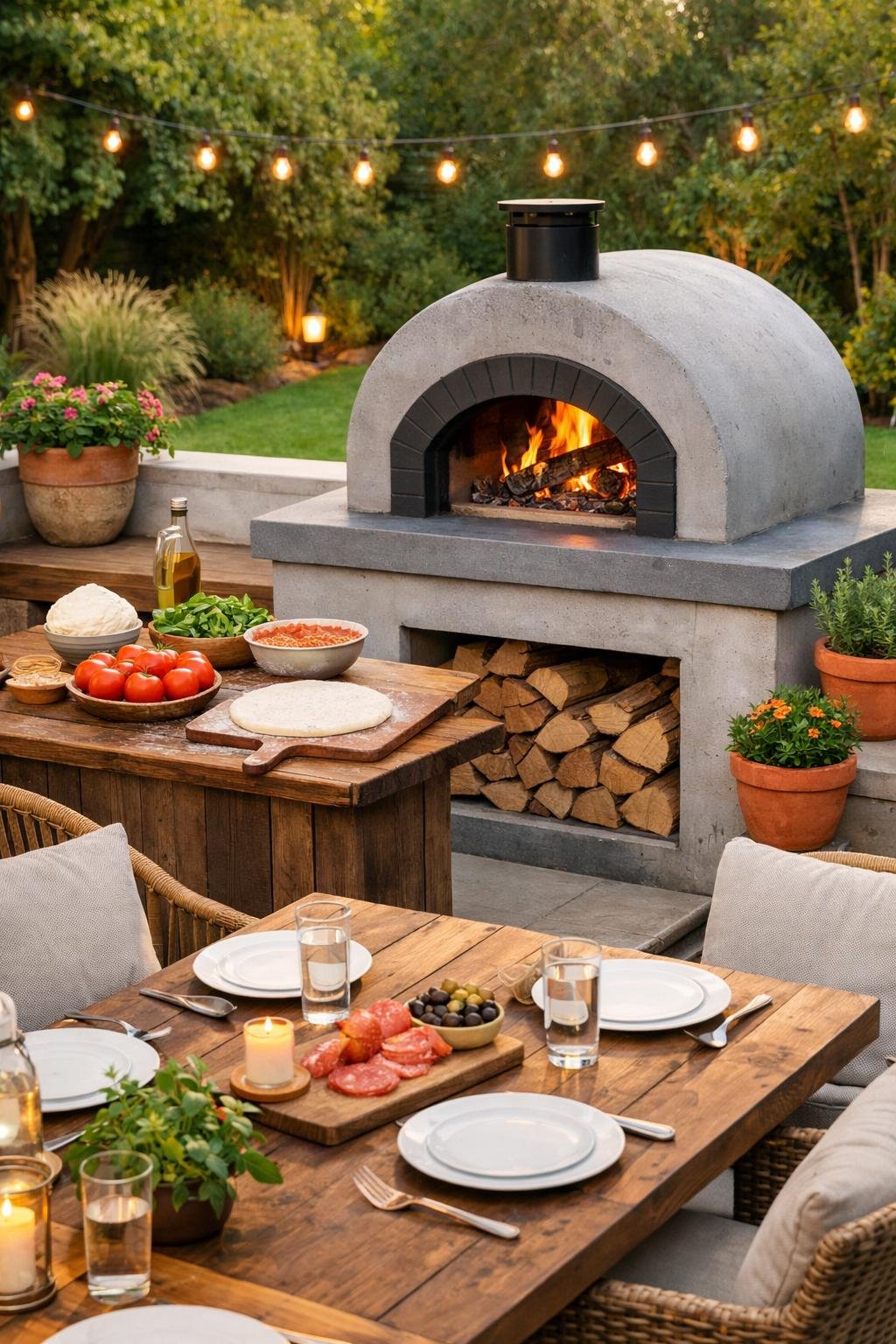 Outdoor patio with a concrete pizza oven, wooden dining table, chairs, and greenery, set for an outdoor gathering.