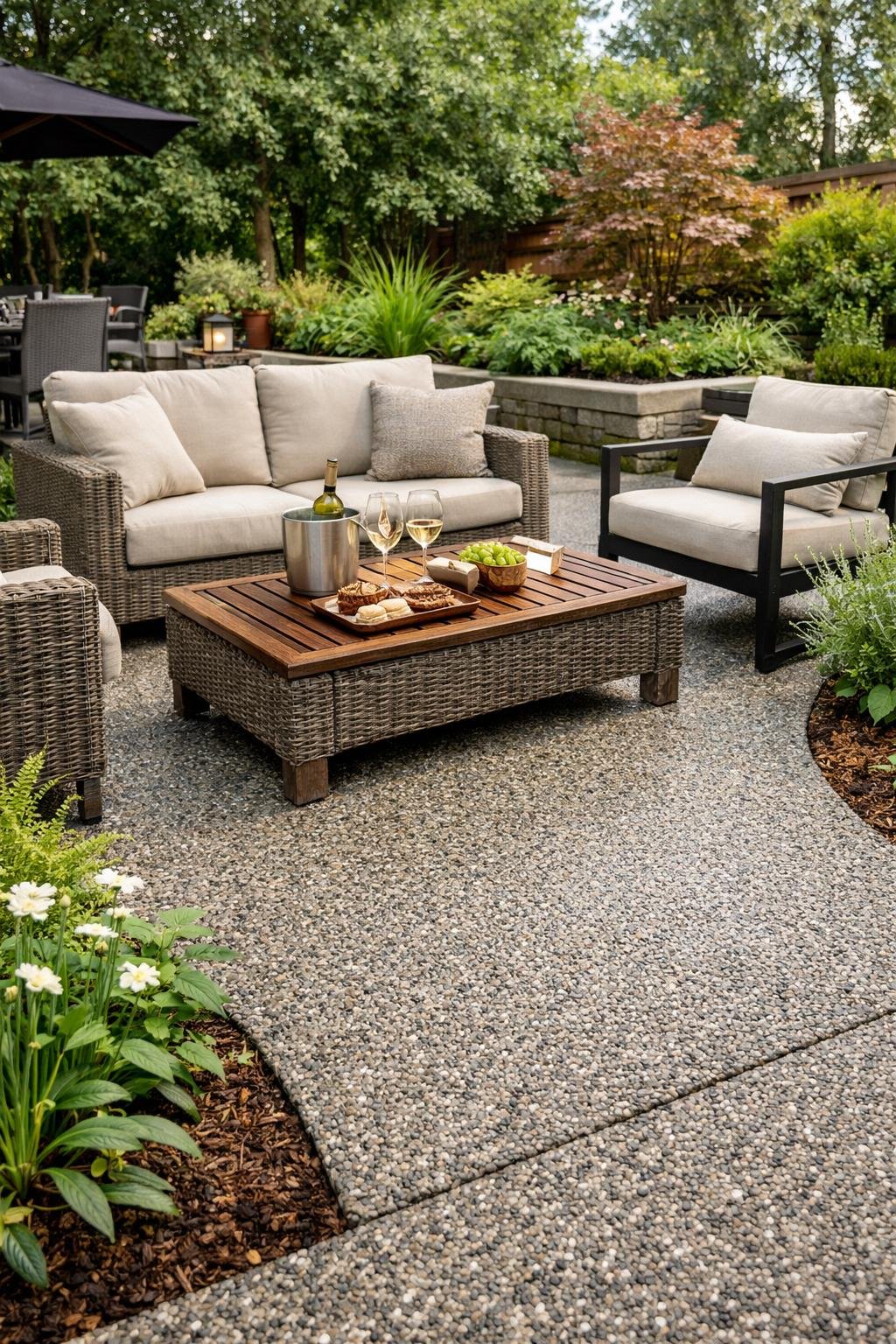 Outdoor patio with permeable concrete, seating area, green plants, and no puddles, set for entertaining guests.