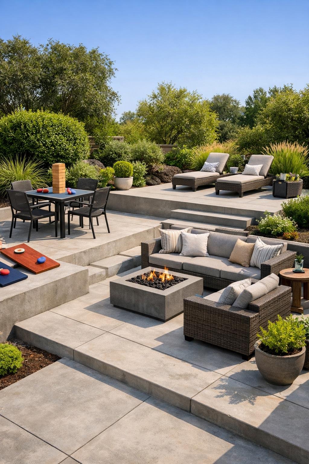 Outdoor multi-level concrete patio with separate areas for games, conversations, and relaxing, surrounded by plants.