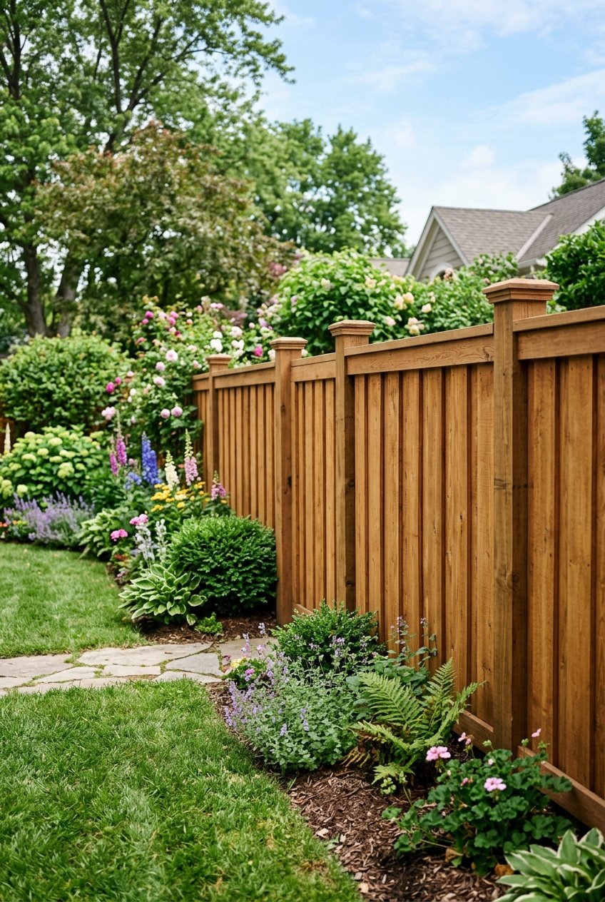 A wooden panel fence surrounded by green shrubs and flowering plants in a garden.