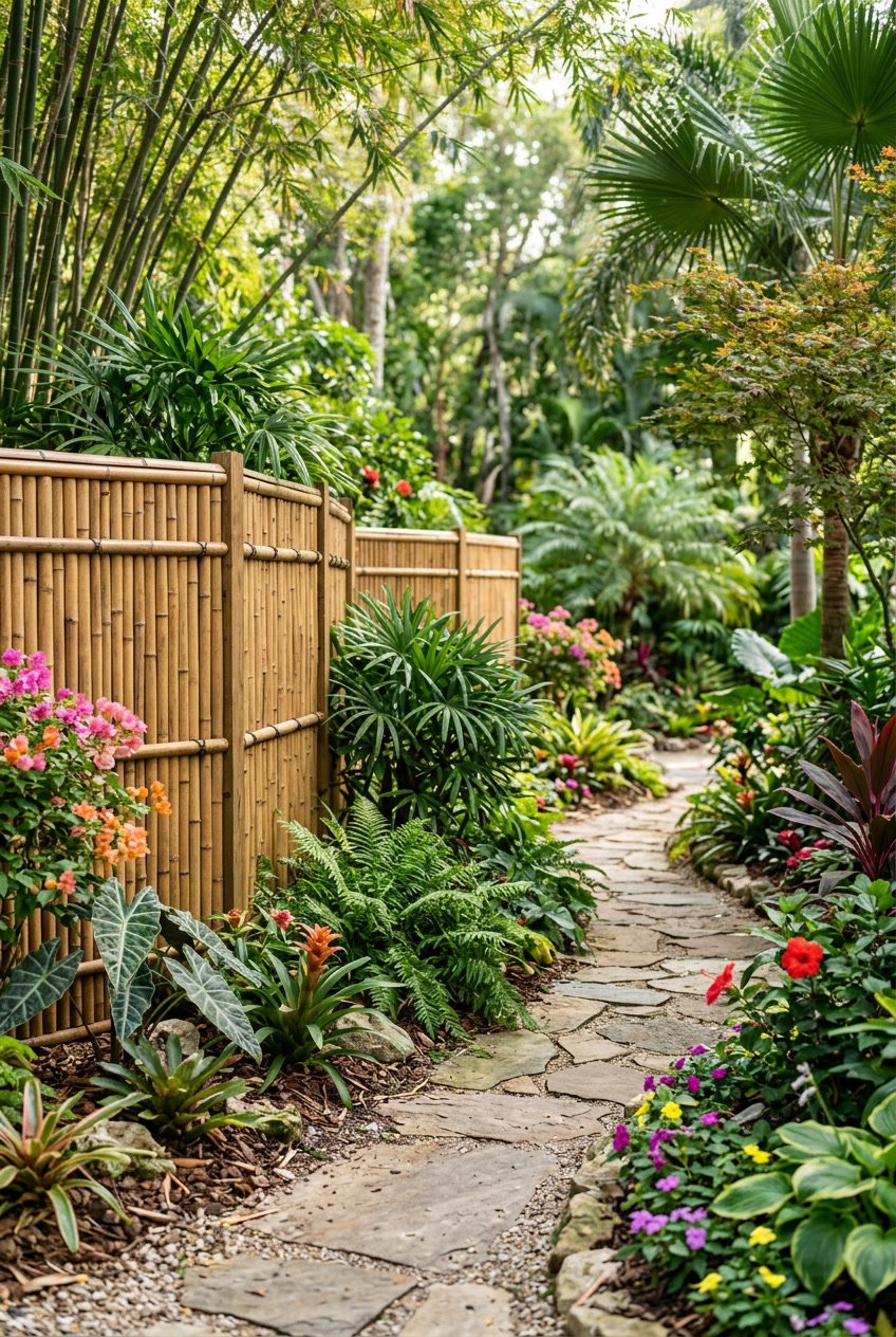A garden with bamboo panel fencing surrounded by green plants and colorful flowers under natural sunlight.