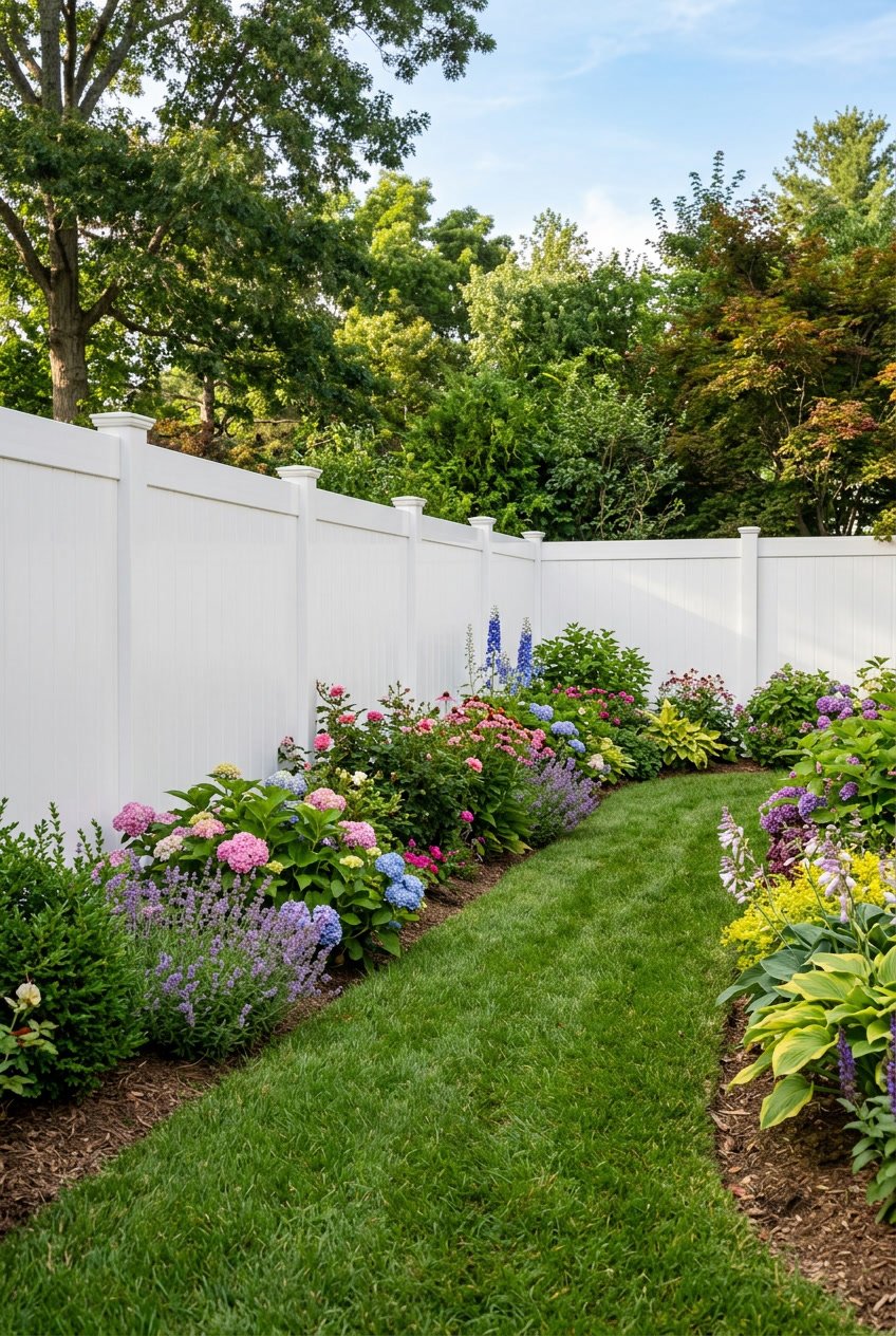 A backyard garden enclosed by a white vinyl privacy fence with green plants and colorful flowers inside.