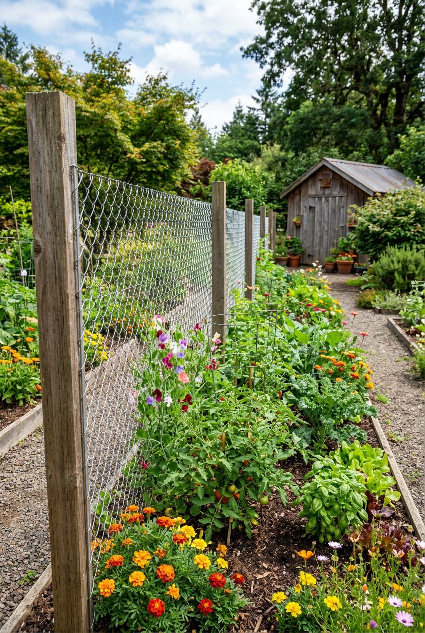 Wire mesh fencing installed around a garden with green plants and colorful flowers to protect it from small animals.