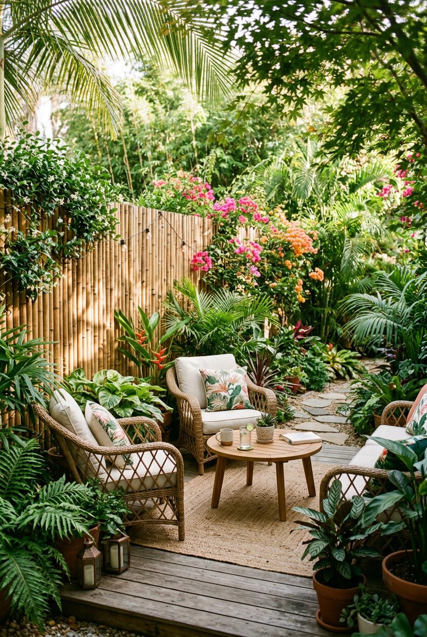A backyard garden with tall bamboo screens used as fencing surrounded by green plants and outdoor furniture.
