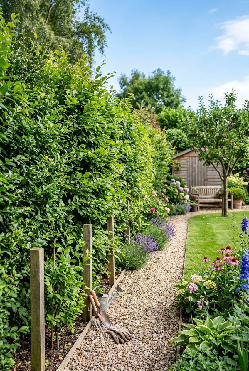 A dense green living hedge fence forming a natural privacy wall in a garden with a gravel path and garden tools nearby.