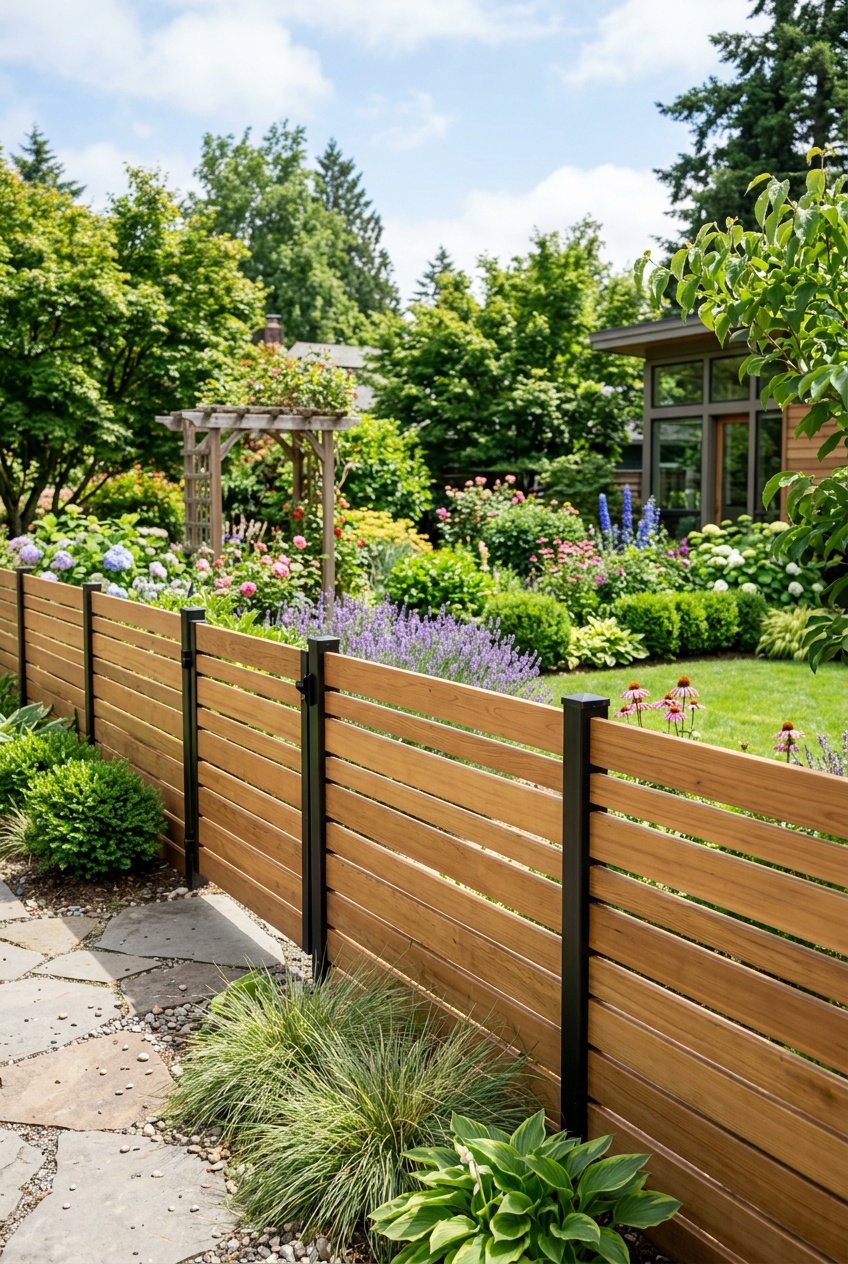 A horizontal wooden slat fence enclosing a garden with green plants and flowers.