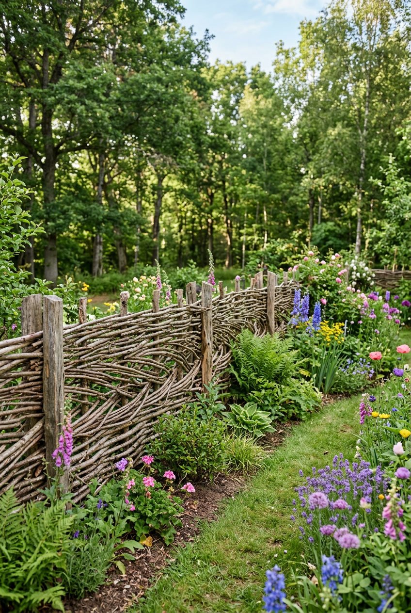 A backyard garden with a rustic fence made of branches and twigs surrounded by green grass and plants.