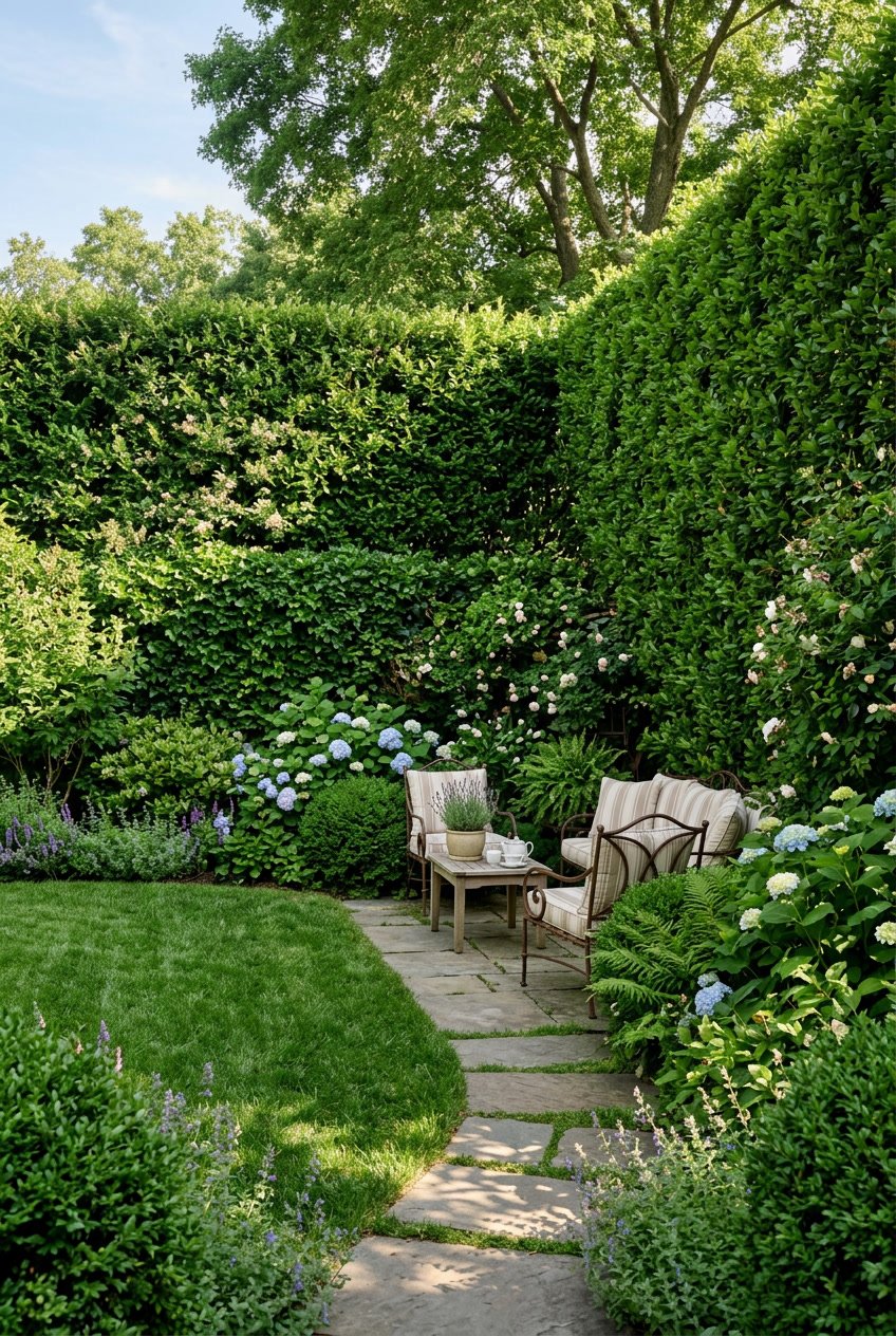 A garden with tall, dense green hedge walls providing privacy around a lawn and outdoor seating area.