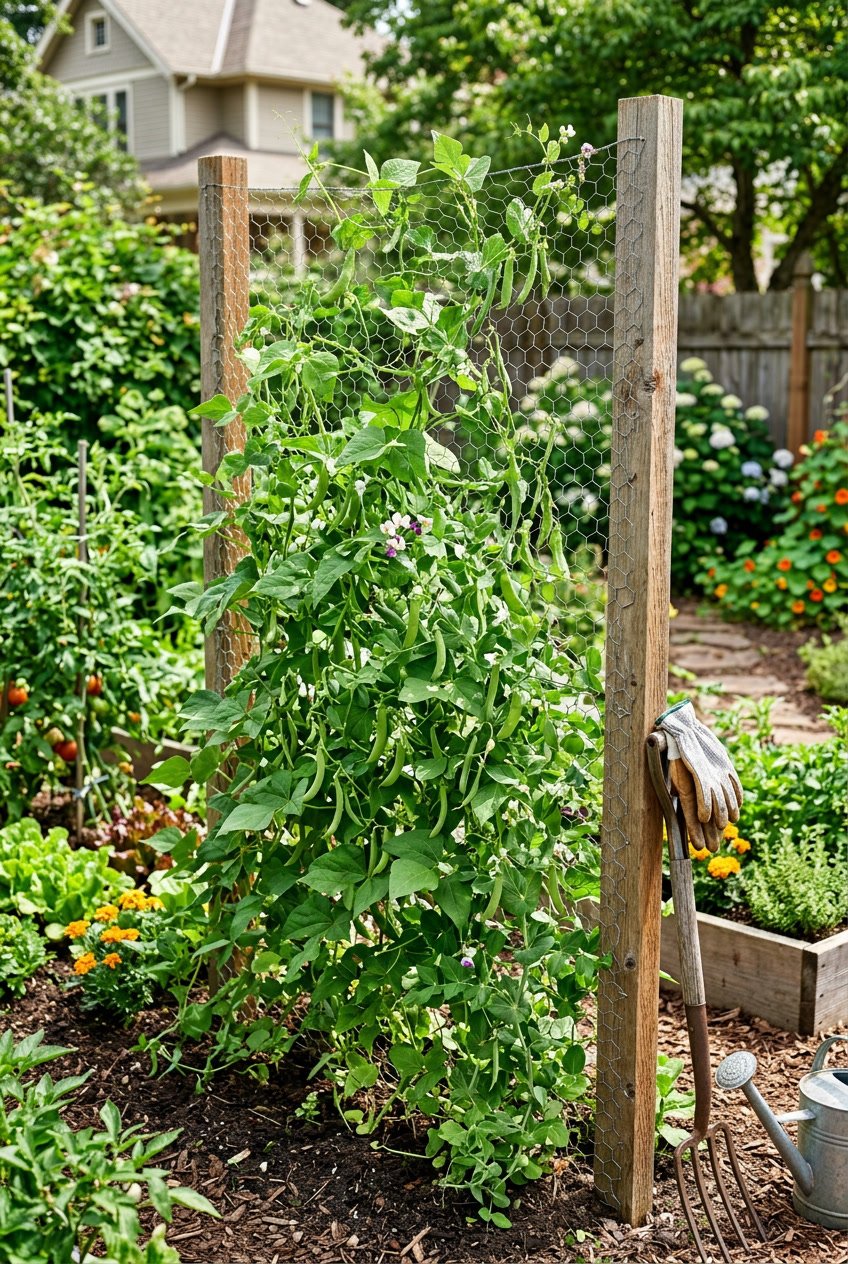 A garden with a chicken wire trellis supporting climbing vegetable plants and acting as a fence.