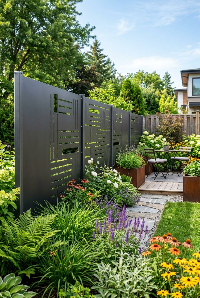 A garden with metal privacy panels surrounding green plants and flowers on a sunny day.