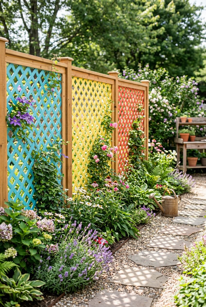Colorful painted lattice panels used as fencing around a garden with green plants and flowers in a sunny backyard.