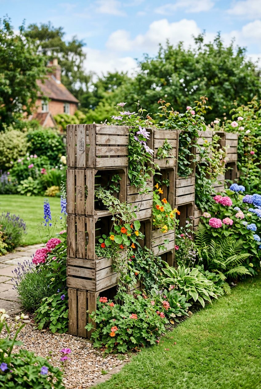 A garden fence made from recycled wooden crates surrounded by green plants and flowers in a sunny backyard.