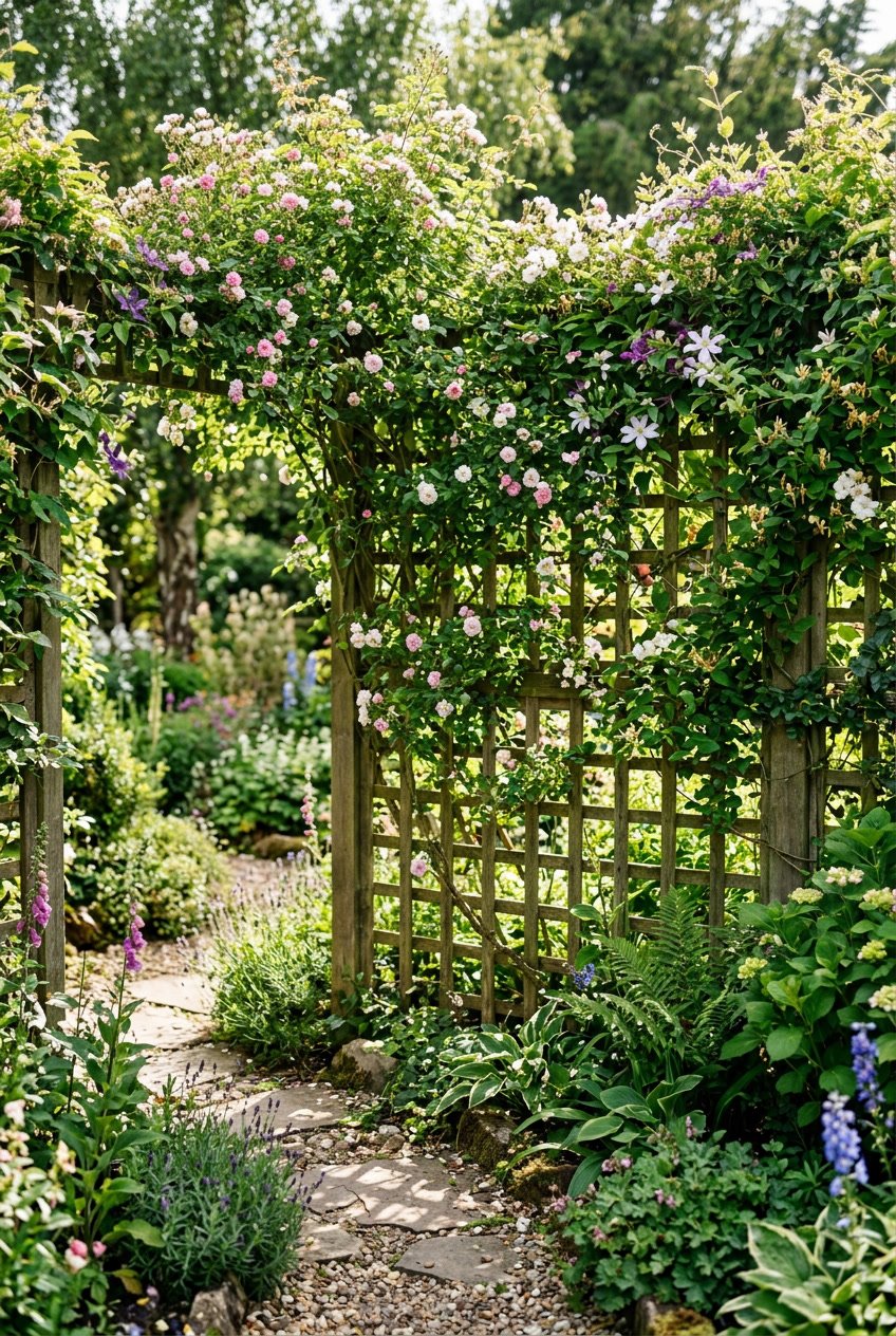 Wooden lattice fence covered with climbing vines enclosing a private garden area with green plants and sunlight.