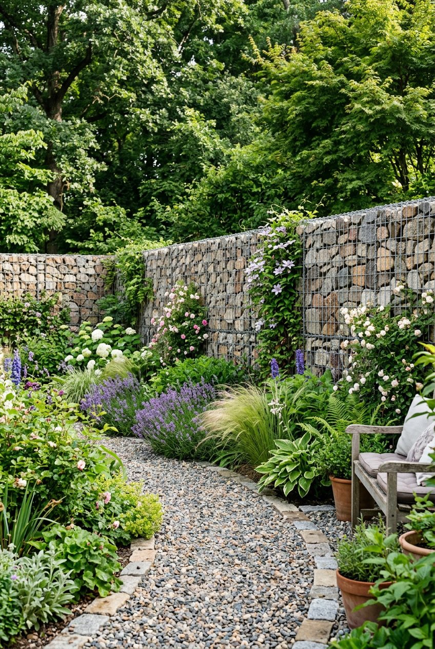 A garden with a gabion wall made of rocks and wire mesh surrounded by green plants and flowers.