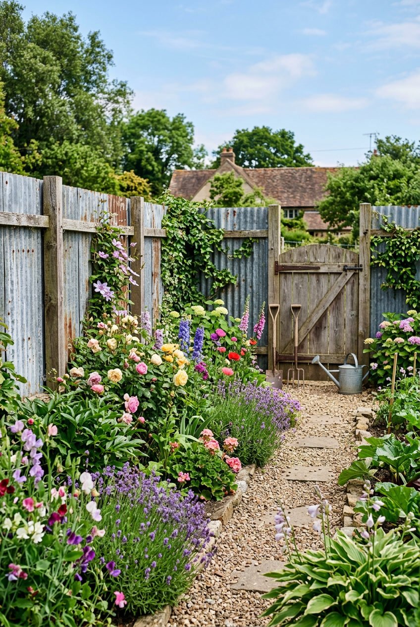 A garden surrounded by corrugated metal sheet fencing with flowers and plants growing nearby under a clear sky.