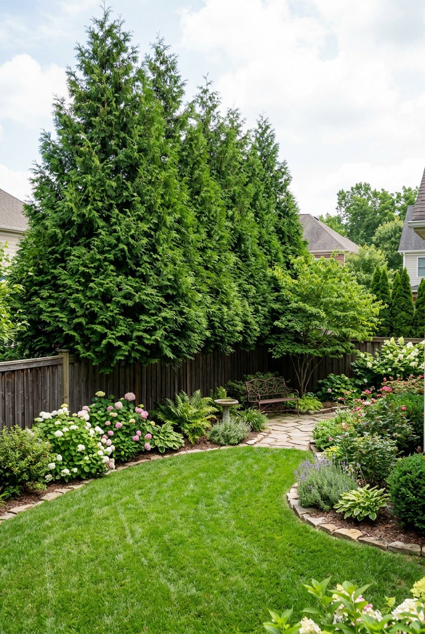 A garden with tall evergreen trees forming a natural privacy barrier along a fence, with grass and shrubs in the foreground and houses partially visible behind the trees.