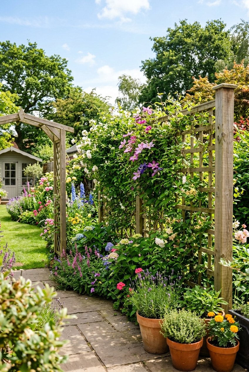 A wooden trellis fence in a garden with green climbing plants and flowers growing on it under a clear sky.