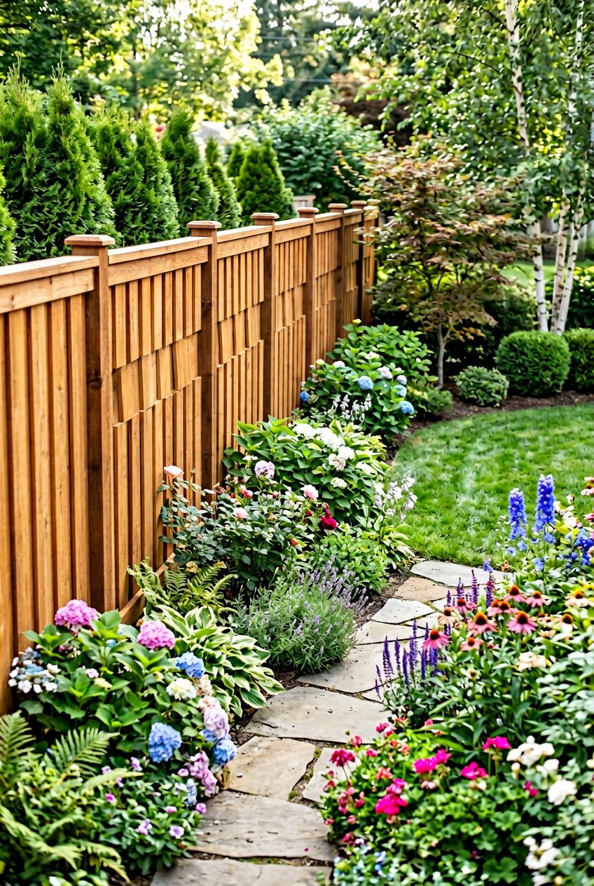 A cedar board-on-board fence with double layers surrounding a garden with green plants and flowers.