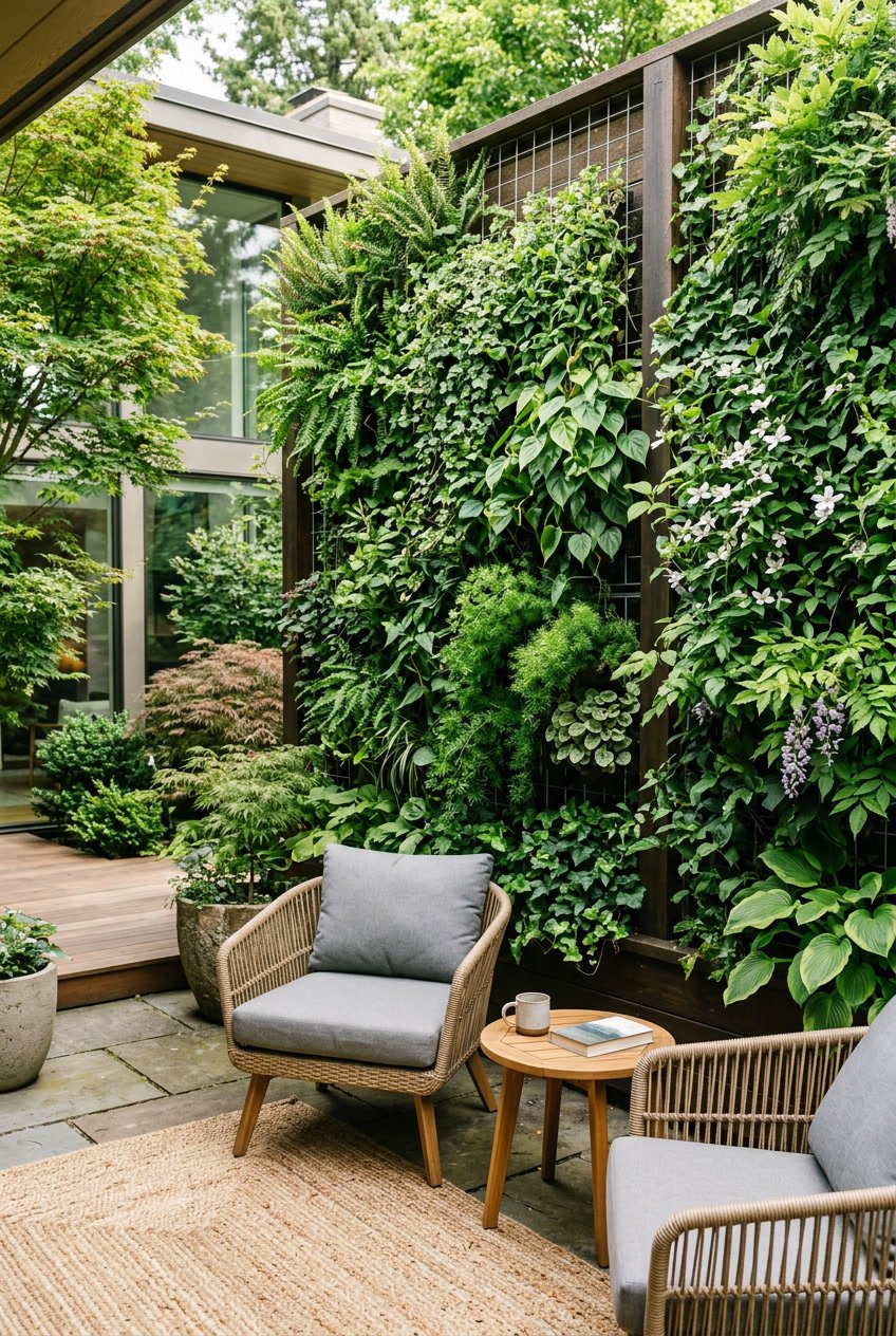 An outdoor space featuring a tall vertical garden wall covered with dense green plants providing privacy, with a patio area visible in the background.