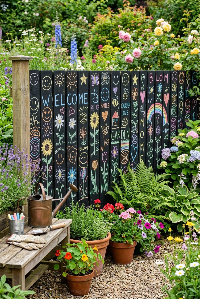 A garden fence painted with black chalkboard paint covered in colorful chalk drawings surrounded by plants and gardening tools.