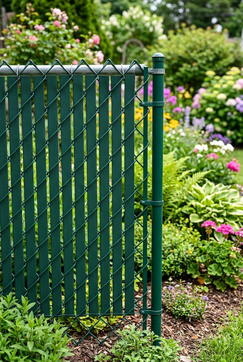 Close-up of a garden fence with green fabric slats woven into a vinyl-coated chain link, surrounded by plants and flowers.