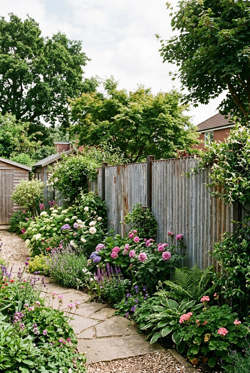 A garden with a corrugated metal fence surrounded by green plants and colorful flowers.