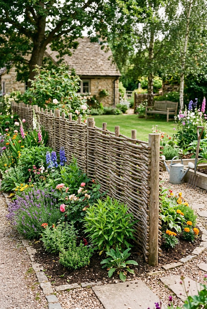 A woven wooden wattle fence in a garden surrounded by green plants and colorful flowers.