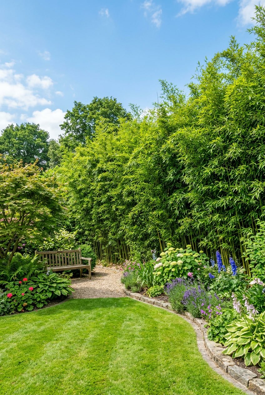 A tall, dense bamboo hedge forming a privacy fence in a sunny garden with green grass and surrounding plants.