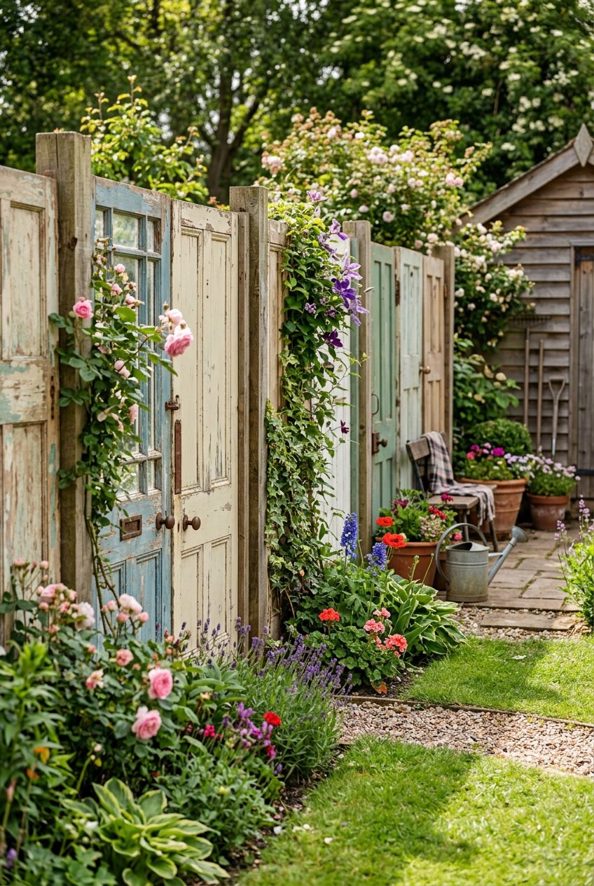 A garden fence made from old wooden doors surrounded by green grass and colorful flowers.