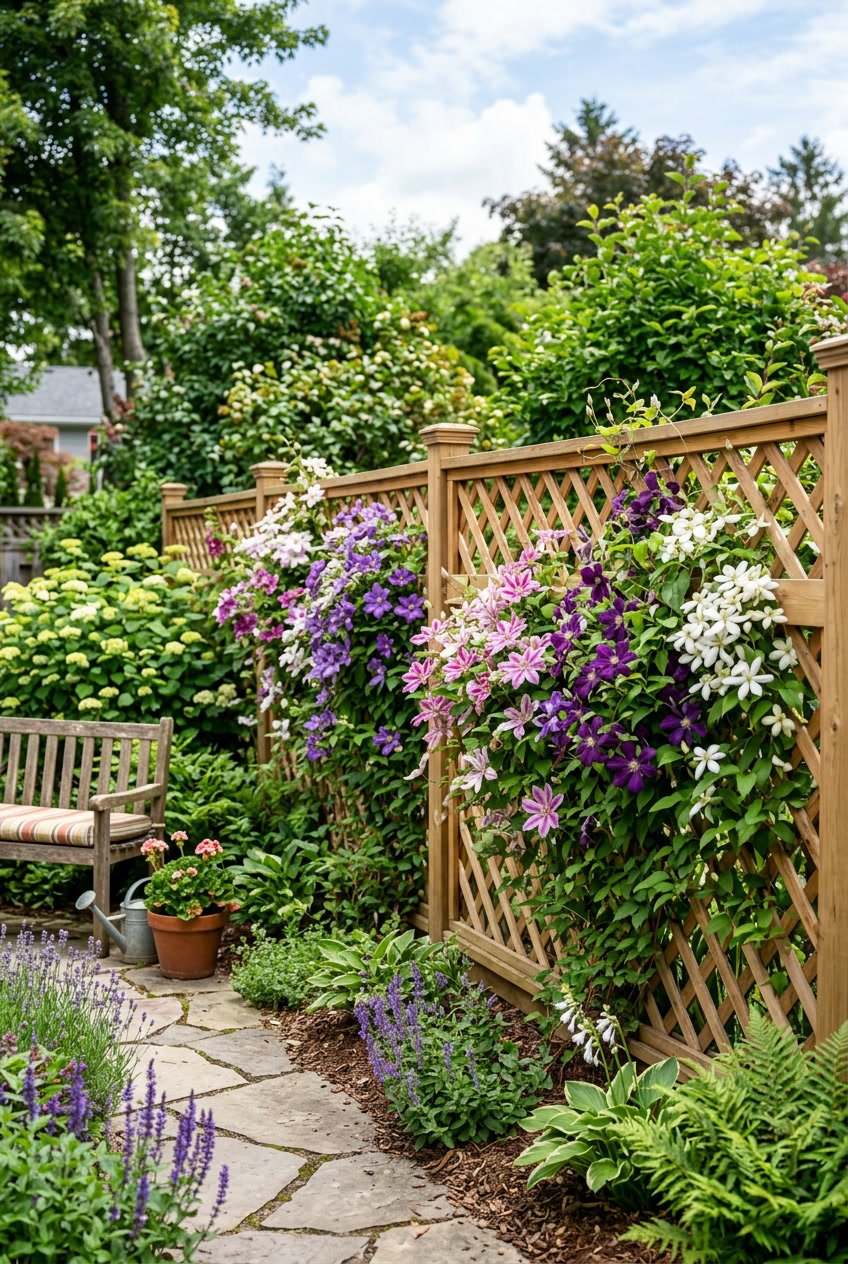 A wooden trellis fence covered with blooming clematis flowers in a garden surrounded by green plants.