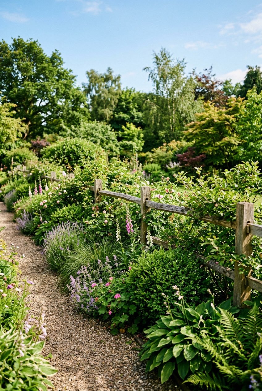 A garden with a simple shrub-lined border fence surrounded by green plants and flowers under a clear sky.