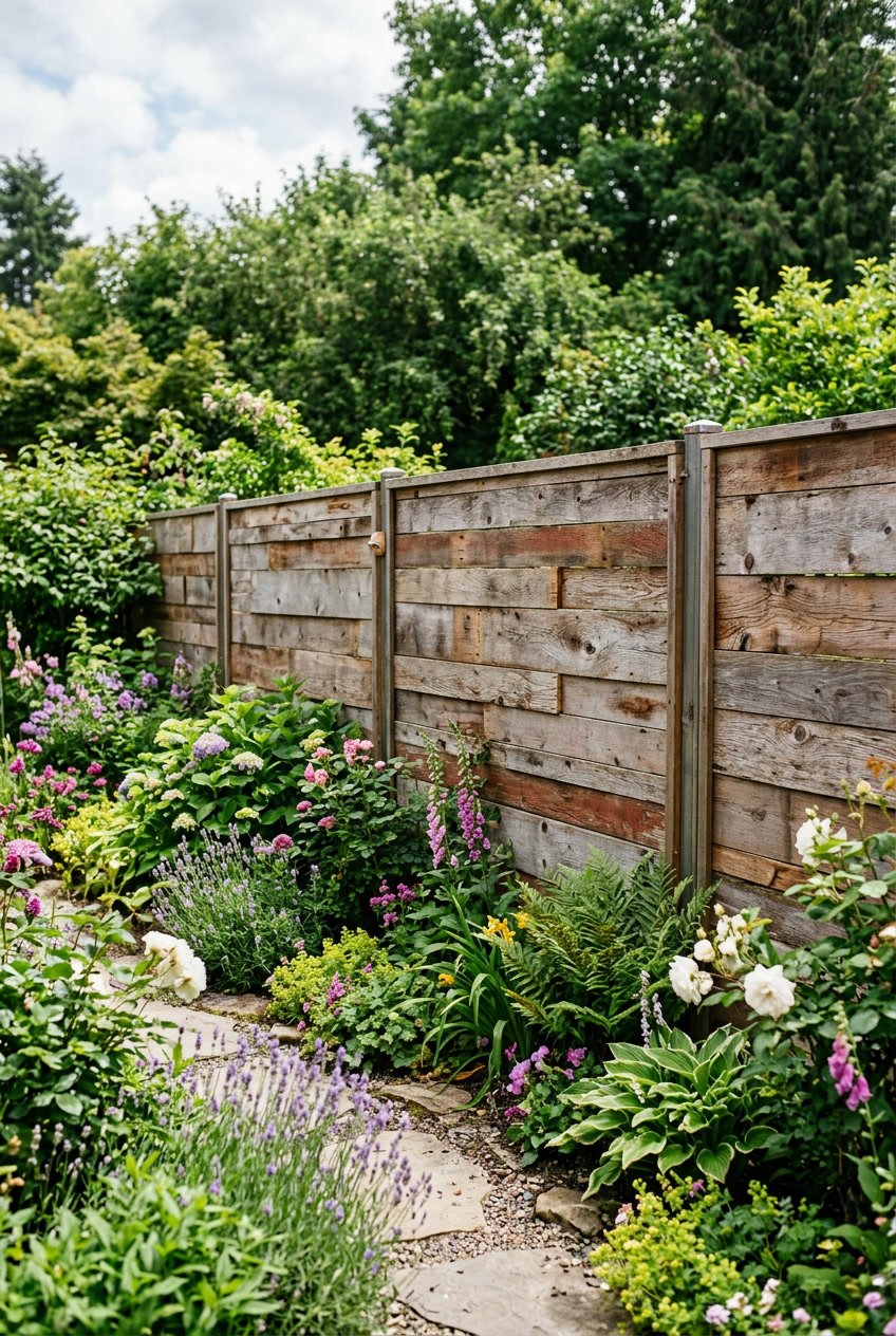 A garden enclosed by a fence made of recycled wooden panels surrounded by green plants and flowers.