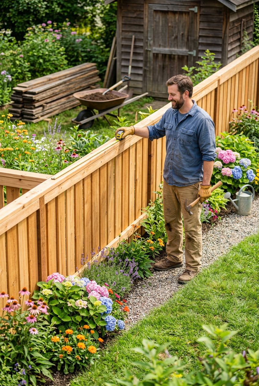 A cedar fence in a garden with a person holding gardening tools, surrounded by plants and wooden materials.