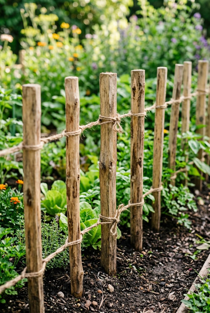 Close-up of a simple garden fence made from wooden stakes tied together with twine surrounded by green plants.