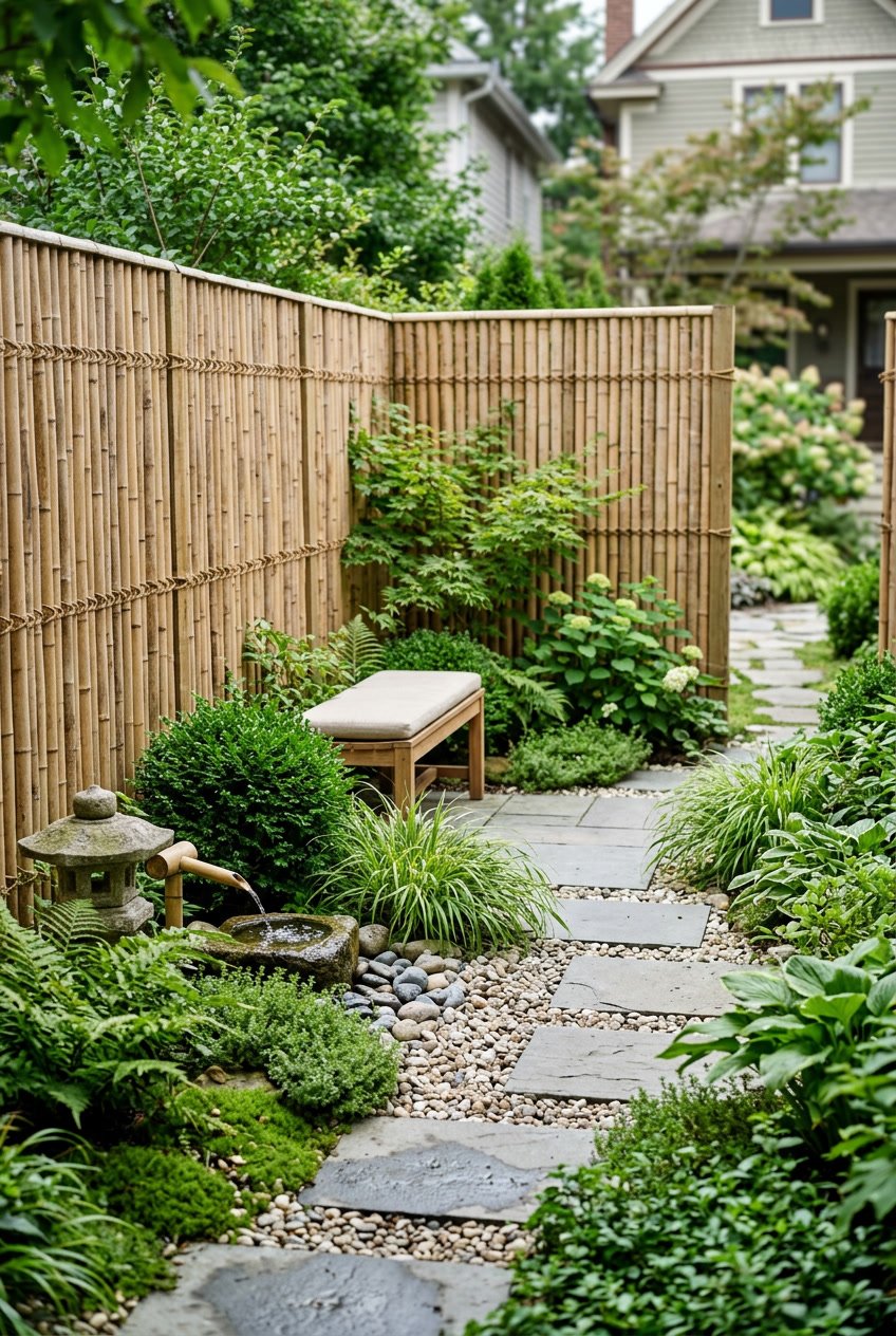 Small backyard with bamboo fencing surrounded by green plants and minimal landscaping.