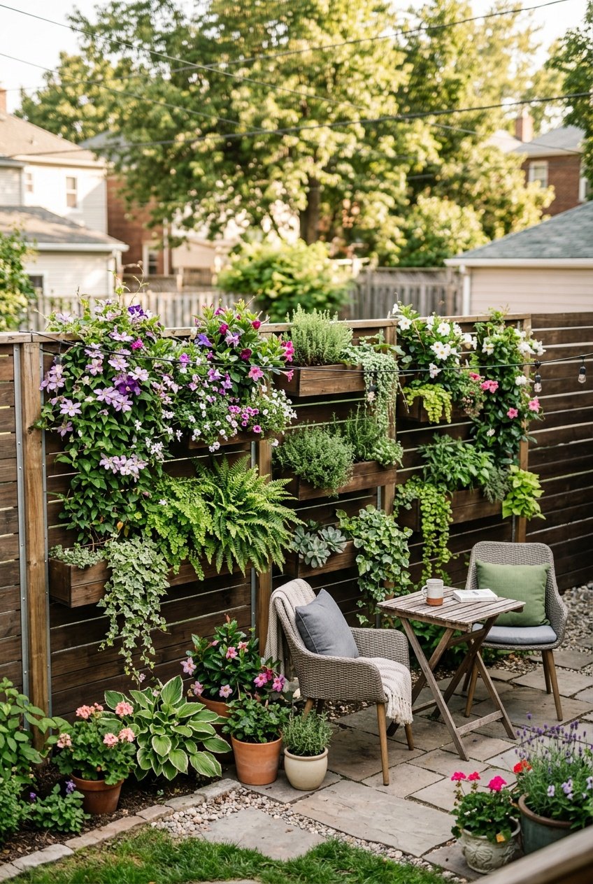 Small backyard with a wooden vertical garden fence covered in hanging plants providing privacy.