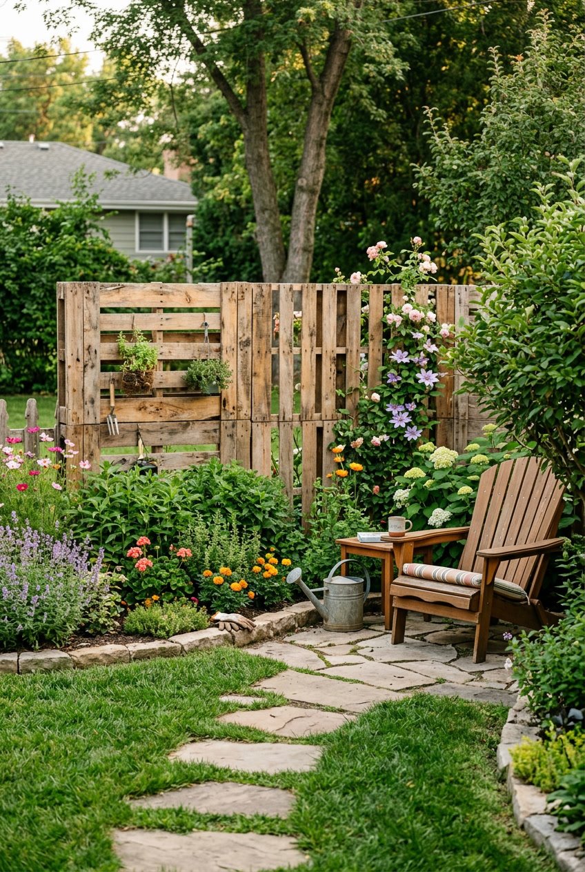 A small backyard with a rustic wooden pallet fence surrounded by green plants and flowers.