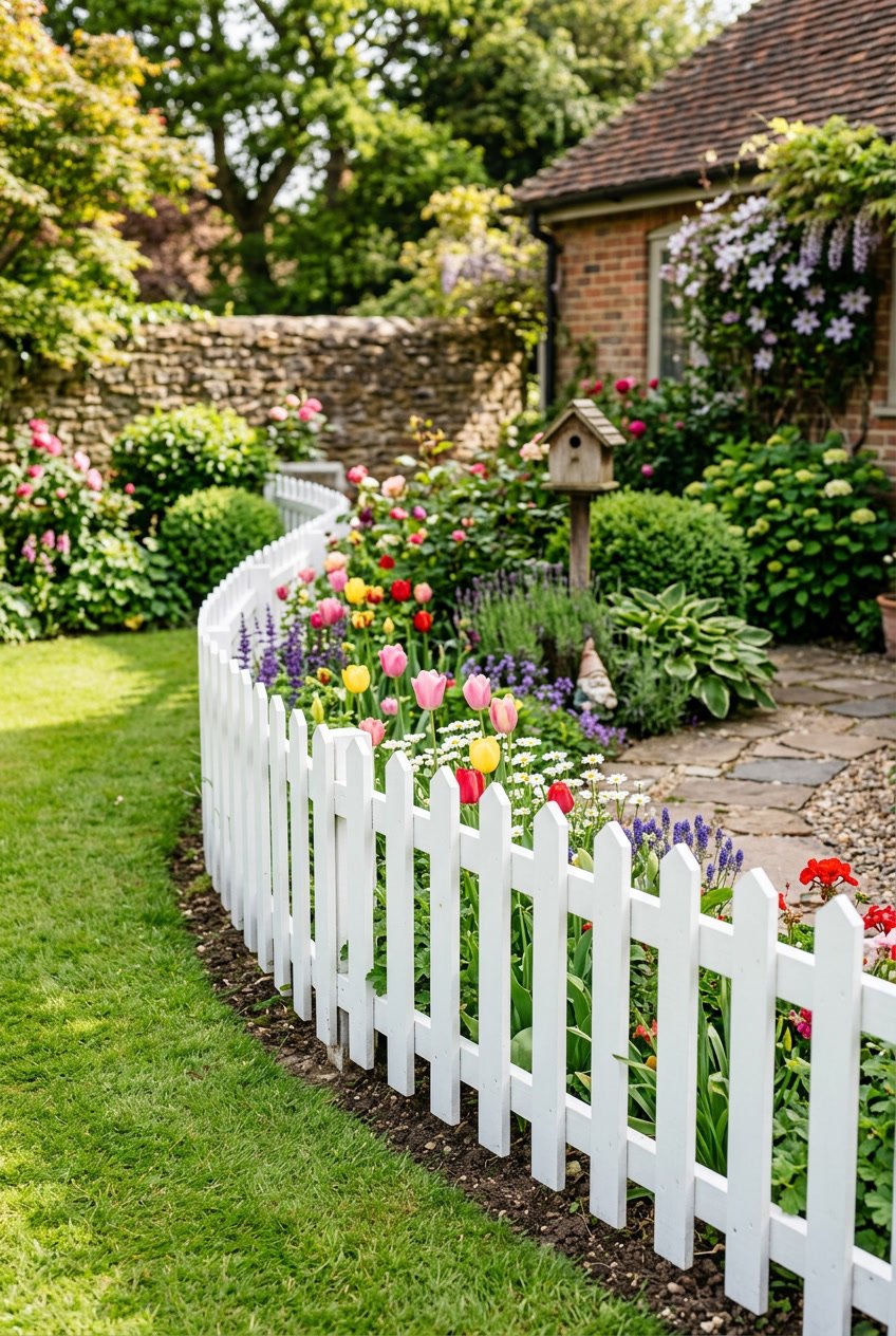 A small white picket fence bordering a vibrant backyard garden with green grass, colorful flowers, and trimmed shrubs under natural sunlight.