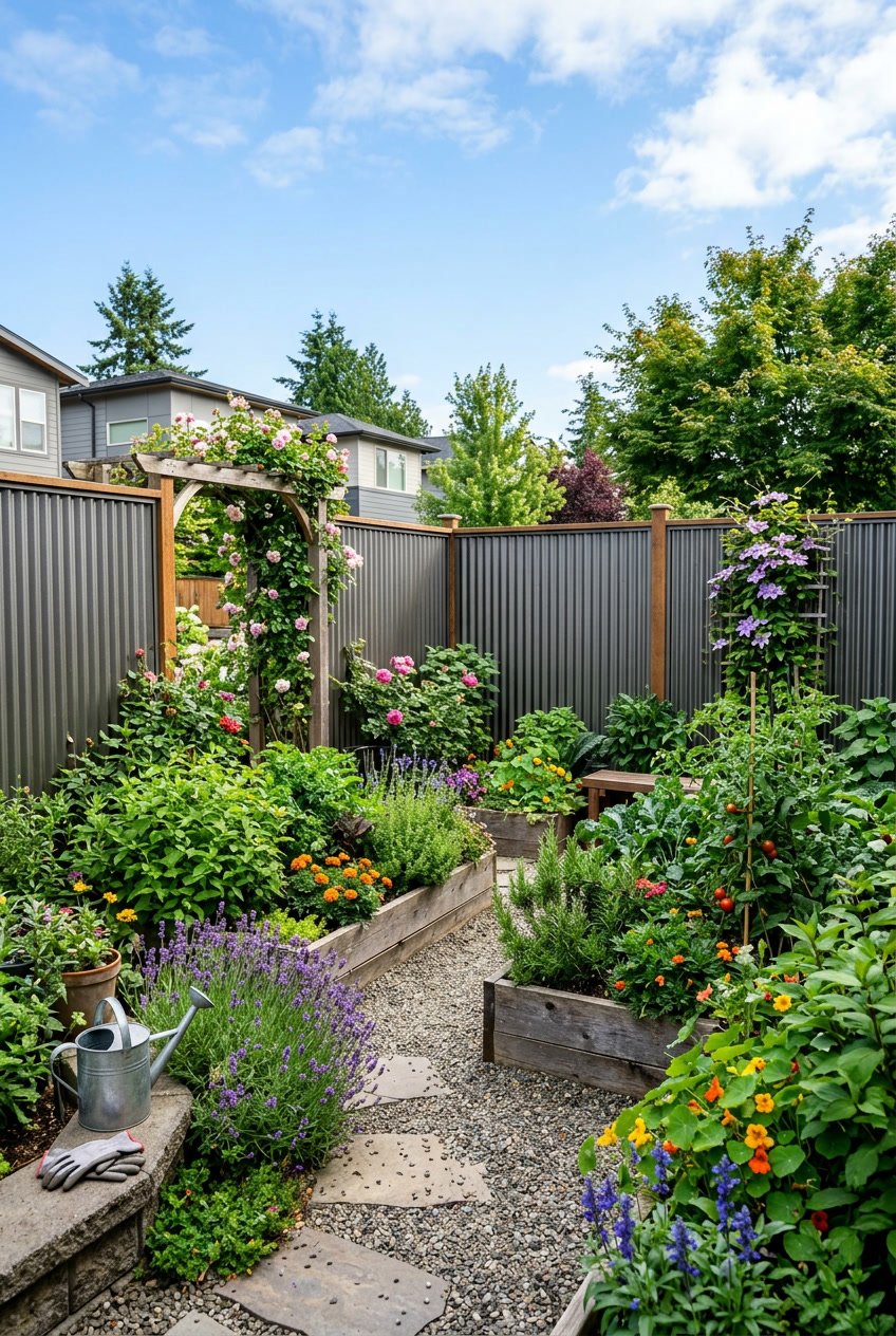 Small backyard garden surrounded by tall corrugated metal panel fencing with green plants and flowers inside.