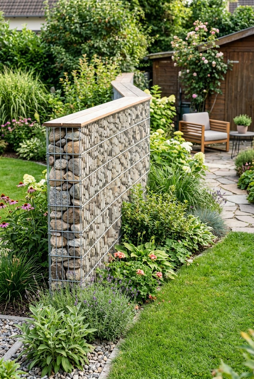 A small backyard garden with a gabion wall fence made of rocks trapped in wire cages, surrounded by green grass and plants.